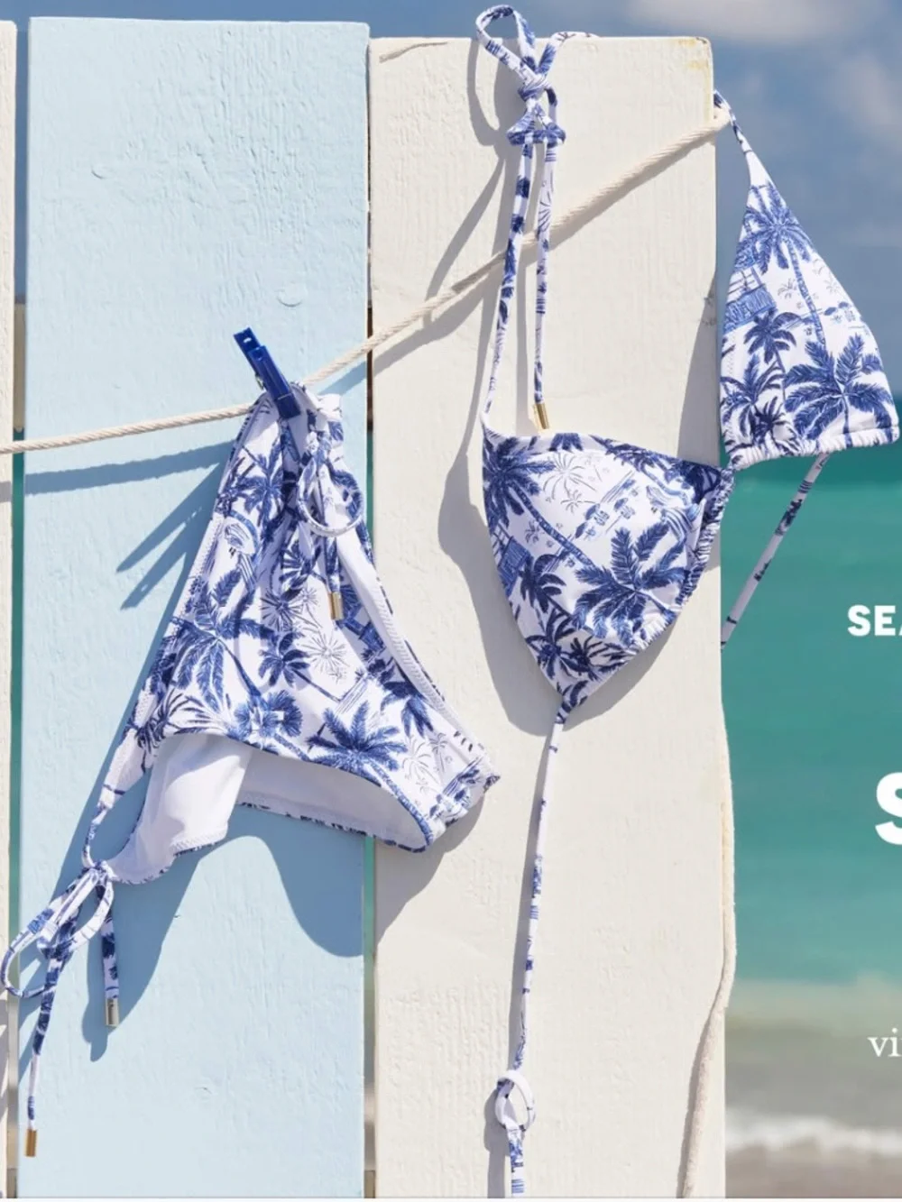 Vineyard Vines White and Blue Palm-Print Triangle Bikini set